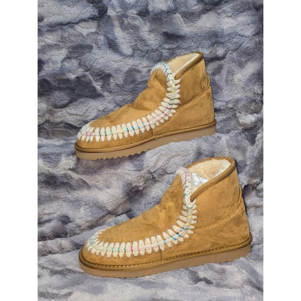 NWB Wild Pair‎ Jolenef Chestnut Brown Rainbow Whipstitch Faux Fur Ankle Boots 8M